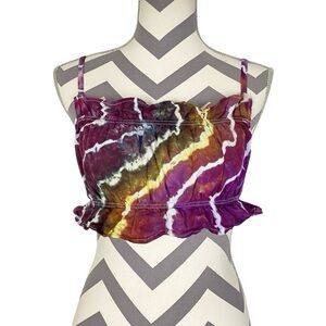 Handmade Geode Tie Dye Tank Top Womens Size Small Cropped Shirt Ruffle Pink Tan